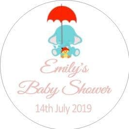 Personalised Pink Baby Elephant with Umbrella Baby Shower Party Stickers