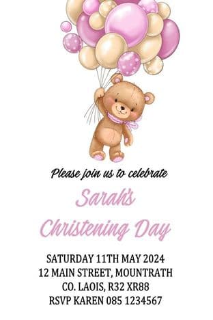 Personalised Pink & Brown Bear Theme Christening Invitation