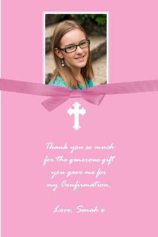 Personalised Pink Confirmation OR Communion Bow Photo Thank You Card