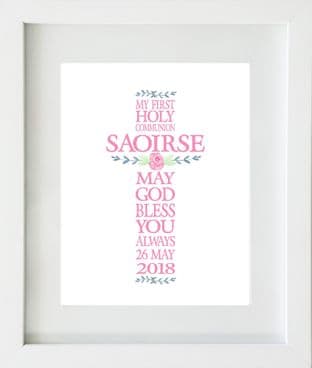 Personalised Pink Cross Name First Holy Communion Print