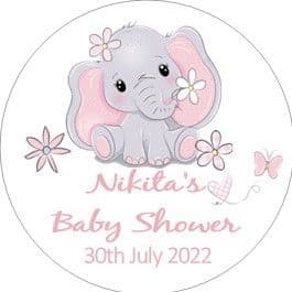 Personalised Pink Cute Elephant Baby Shower Party Stickers