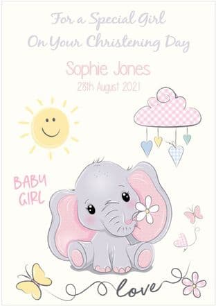 Personalised Pink Elephant Christening Card