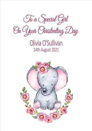 Personalised Pink Elephant Flowers Christening Card