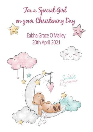 Personalised Pink Sleeping Bear Christening Card