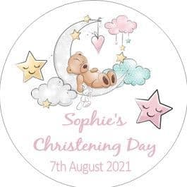 Personalised Pink Sleeping Teddy Christening Sticker
