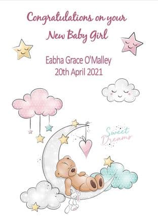 Personalised Pink Sleeping Teddy New Baby Card