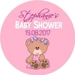 Personalised Pink Teddy Bear Baby Shower Party Stickers