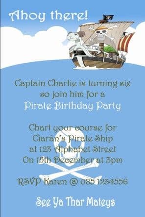 Personalised Pirate Theme Invitations
