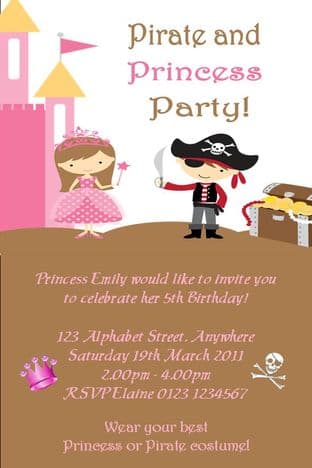 Personalised Princess and Pirate Theme Invitations