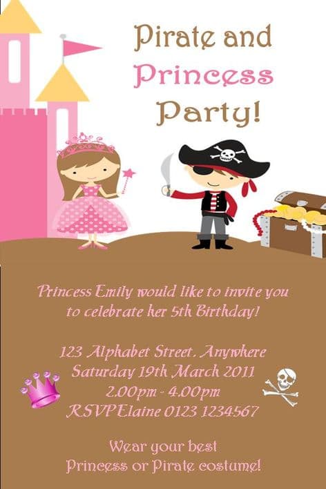 Personalised Princess and Pirate Theme Invitations