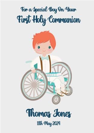 Personalised Red Hair Boy in Wheelchair Communion Card