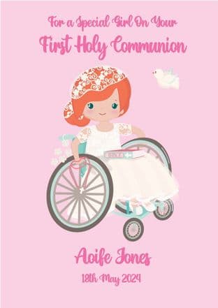 Personalised Red Hair Girl in Wheelchair Communion Card