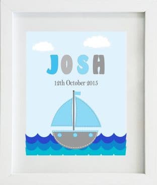 Personalised Sail Boat Blue Grey Name Print