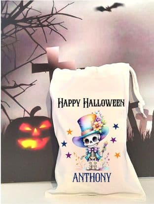 Personalised Skeleton in Hat Drawstring Treat Bag