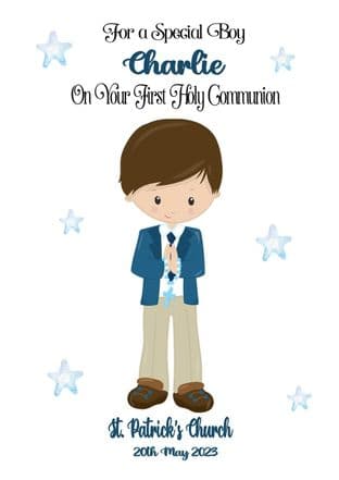 Personalised Star Brown Hair Boy Communion Card