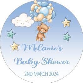 Personalised Teddy with Balloons Blue Baby Shower Stickers