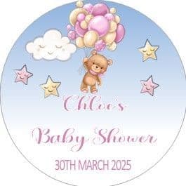 Personalised Teddy with Balloons Pink Baby Shower Stickers