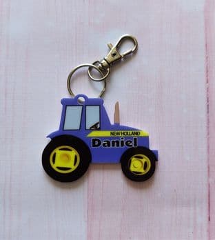Personalised Tractor BLUE Keyring School Bag Name Tag