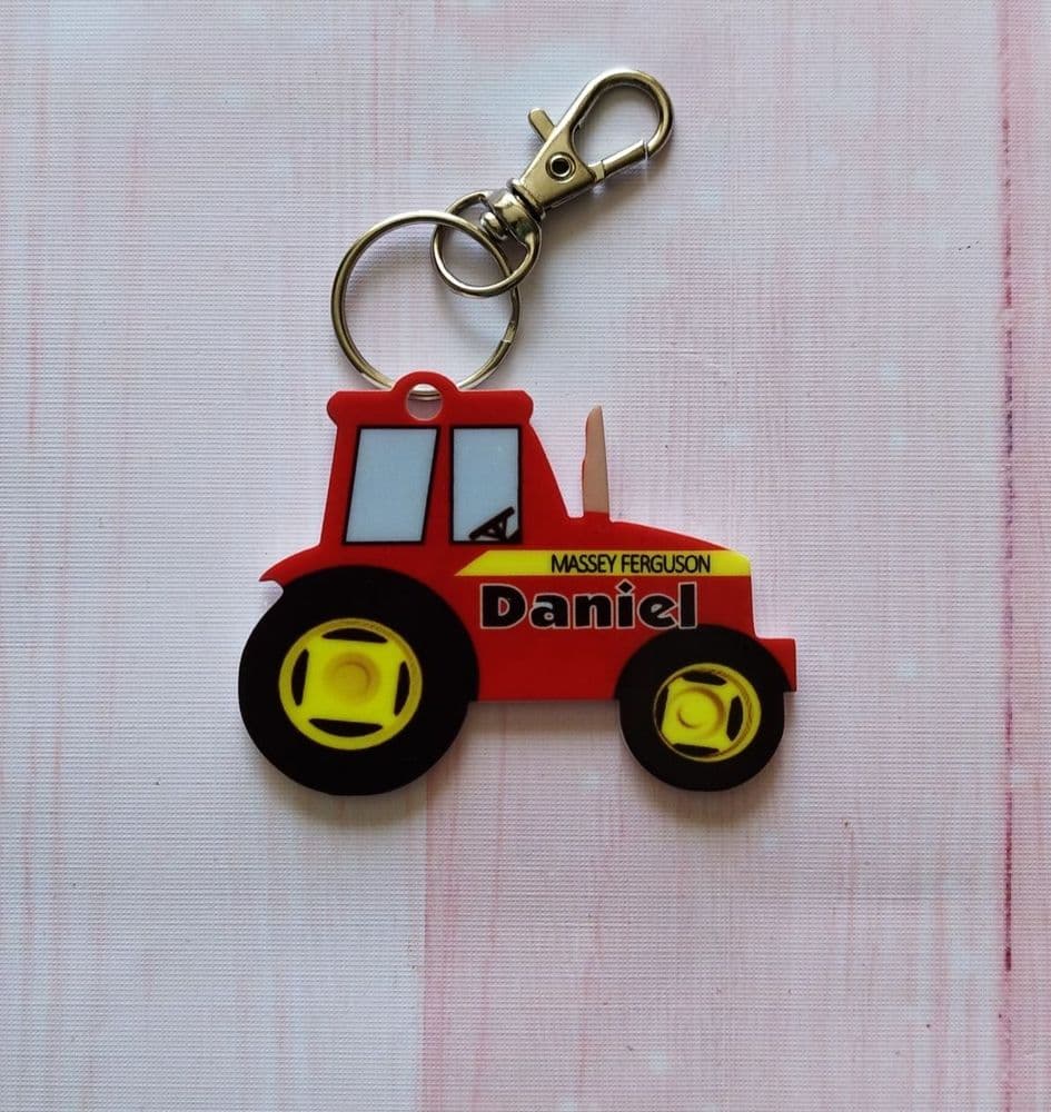Personalised Tractor RED Keyring School Bag Name Tag