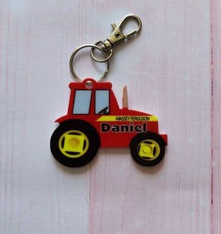 Personalised Tractor RED Keyring School Bag Name Tag
