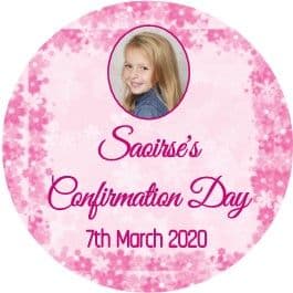 Personalsed Edible Pink Flower Photo Confirmation Cake Topper