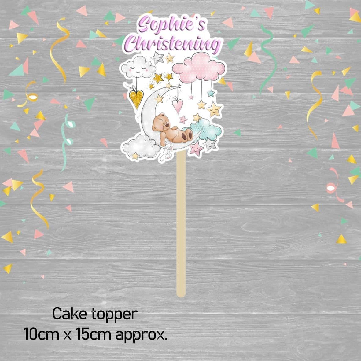 Pink Sleeping Teddy Christening Cake Topper