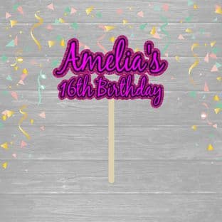 Pink Theme Name & Age Text Birthday Cake Topper