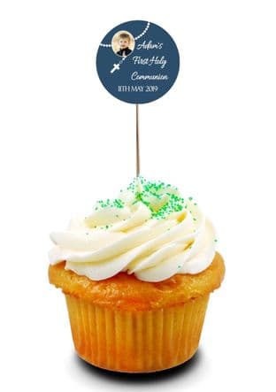 Rosary Photo Blue Communion Cupcake Picks/Toppers