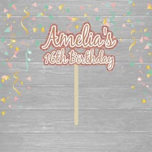 Rose & White Theme Name & Age Text Birthday Cake Topper