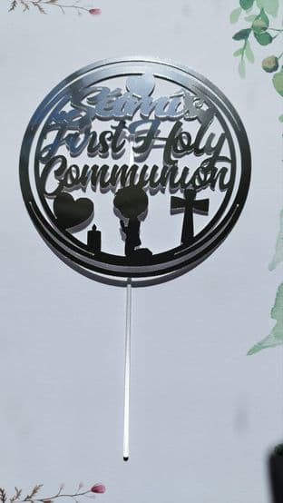 Silver Mirror Name & Kneeling Communion Girl or Boy Cake Topper