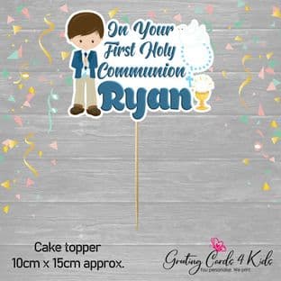 Standing Brown Hair Boy Communion Cake Topper
