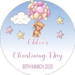 Teddy Pink Balloons Christening Sticker