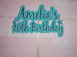 Turquoise Theme Name & Age Text Birthday Cake Topper
