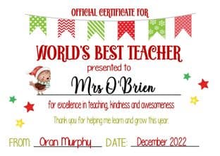 World's Best Teacher or SNA Certificate - Christmas theme