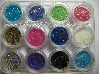 12 Neon glitter dust mixed with mini confetti - nail art set 1