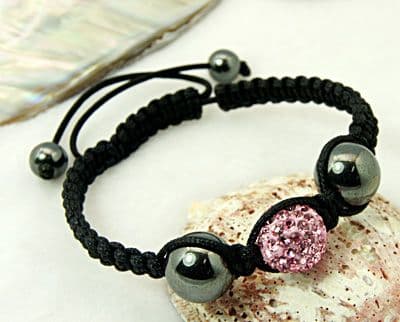 Alloy Rhinestone Bracelet, Hematite, Nylon Cord - Grey and Pink