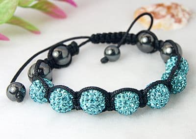 Bracelet, Nylon Cord Knitted Bracelet with Hematite, Grade A Rhinestone Beads - Cyan