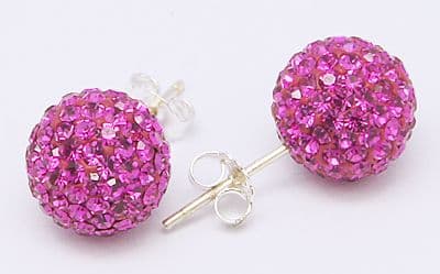 Sterling Silver Swarovski Crystal Rhinestone Ear studs, Round - Fuchsia