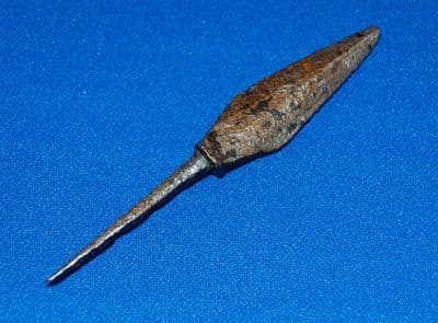 A fine quality lozenge shaped Medieval iron arrowhead with long slender tang. SOLD