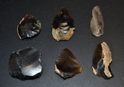A good group of 6 x Neolithic flint scraper / knife tools, River Orwell & Stour, Ipswich, Suffolk.