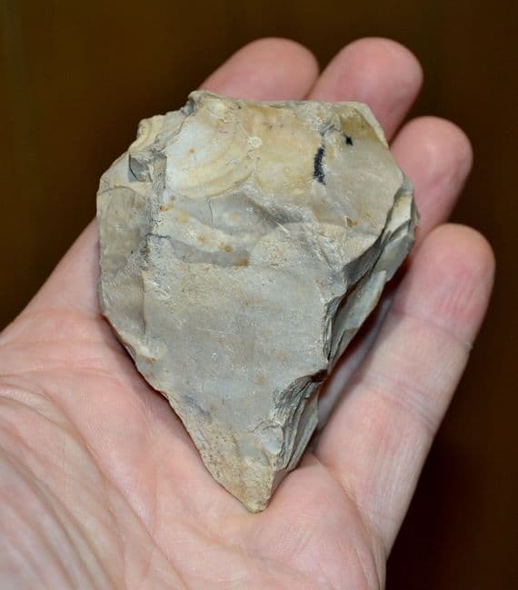 A good Mid-Palaeolithic heavy butted pointed flint hand axe, Overstrand, Norfolk. SOLD