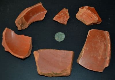 A good study group of 6 x pieces of Roman Samian Ware pottery & free Coin, Gloucestershire. SOLD