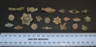 A good study or retail group of 21 x assorted ornate Medieval bronze mounts, Norfolk (2)