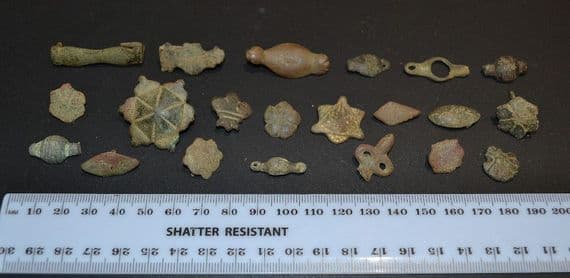 A good study or retail group of 21 x assorted ornate Medieval bronze mounts, Norfolk (2)