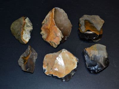 A group of 6 x attractively patinated Neolithic flint scraper tools, Rivers Orwell & Stour, Suffolk.