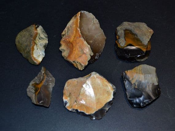 A group of 6 x attractively patinated Neolithic flint scraper tools, Rivers Orwell & Stour. SOLD