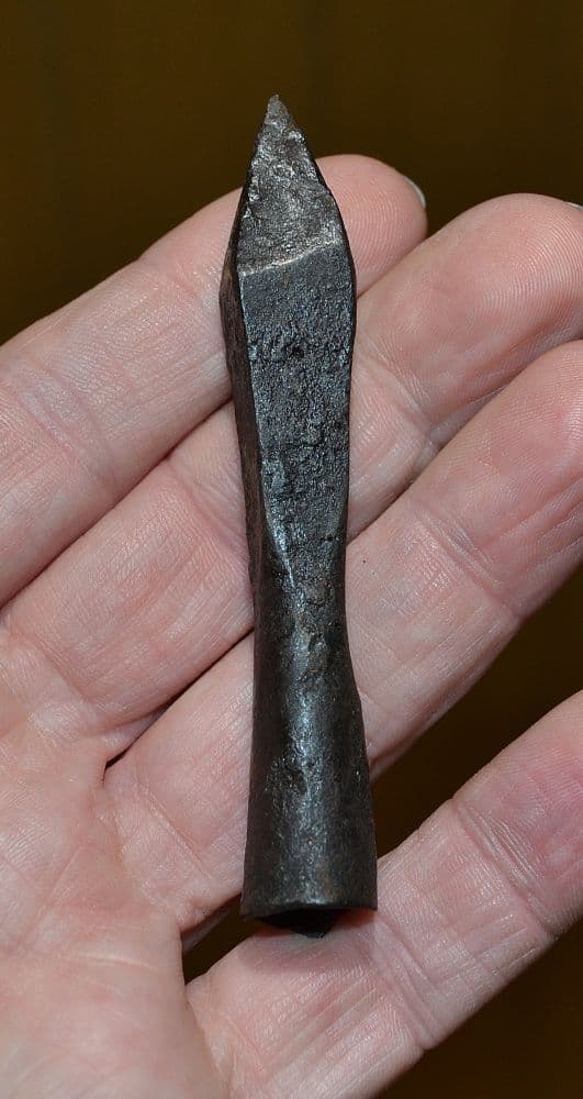 A large and excellent quality Medieval socketed iron Cross Bow bolt, West Midlands. SOLD