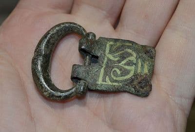 A large and pleasant Medieval bronze inlaid buckle and plate, North Yorks SOLD