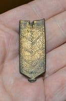 A large and pleasant Medieval bronze strap end with engraved design, River Thames, London. SOLD