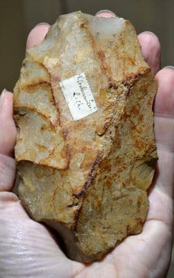 A large, excellent and attractive Upper Palaeolithic ovate flint hand axe from Coulommiers, North-Central France, found 1908. SOLD